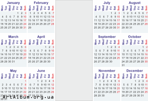 Clipart calendar for 2016 in english