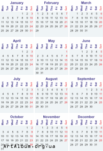 Clipart calendar for 2016 in english