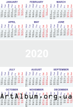 Clipart calendar for 2020 in english