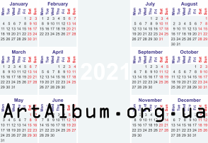 Clipart calendar for 2021 in english