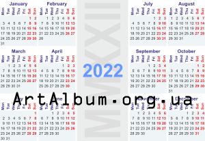 Clipart calendar for 2022 in english