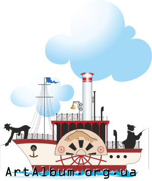 Clipart steamship with fishermen in color